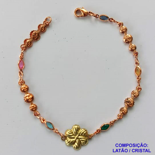 PULSEIRA NO BRUTO PRONTA PARA O BANHO -  (CX.129)  PULSEIRA COM CRISTAIS COLORIDOS E PINGENTE FLOR 18CM - PESO TOTAL 3GR - COMPOSIÇÃO: LATÃO / CRISTAL - BRU15044