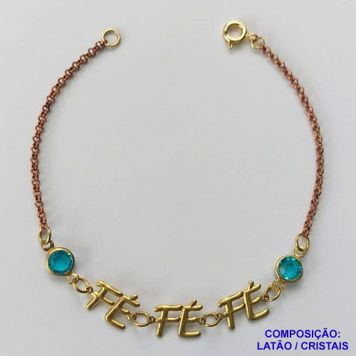 PULSEIRA NO BRUTO PRONTA PARA O BANHO - (CX.129)  PULSEIRA COM CRISTAIS AZUIS E PINGENTES FÉ 18CM - PESO TOTAL 2,2GR - COMPOSIÇÃO: LATÃO - BRU15049