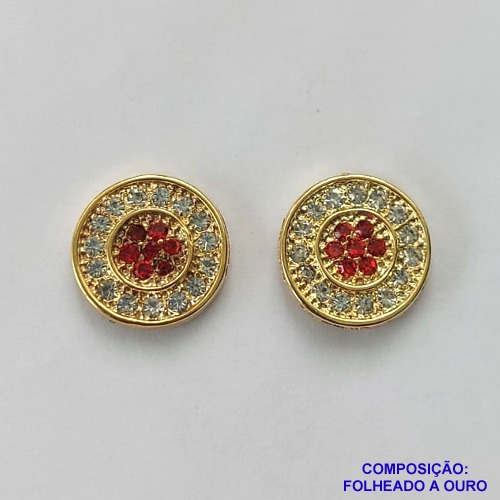 BRINCO FOLHEADO A OURO - BANHADO COM 5 MILÉSIMOS + VERNIZ DIAMOND - BRINCO DE PINO REDONDO COM MICRO ZIRCÕNIAS 13MM - OURO338