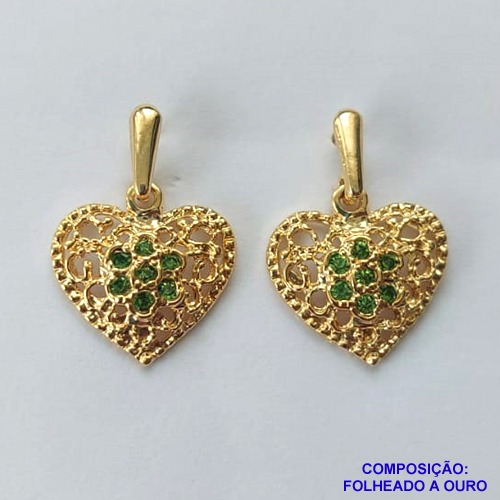 BRINCO FOLHEADO A OURO - BANHADO COM 5 MILÉSIMOS + VERNIZ DIAMOND - BRINCO DE PINO BASE LISA CORAÇÃO COM MICRO ZIRCÔNIAS 15MM - OURO342