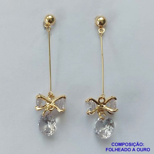 BRINCO FOLHEADO A OURO - BANHADO COM 5 MILÉSIMOS + VERNIZ DIAMOND - BRINCO DE PINO BOLINHA COM FIO E ZIRCÔNIAS 12MM - OURO351