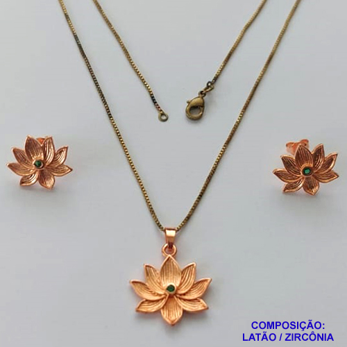 CONJUNTO NO BRUTO PRONTO PARA O BANHO - (CX.131)  (CRIS) CONJUNTO COM CORRENTE VENEZIANA 45CM E BRINCO DE PINO 15MM E PINGENTE FLOR COM ZIRCÔNIA VERDE 20MM - PESO TOTAL 5,5GR - COMPOSIÇÃO: LATÃO / ZIRCÔNIA - BRU15059