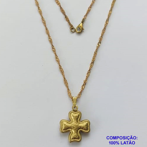 GARGANTILHA NO BRUTO PRONTA PARA O BANHO - (3.122) GARGANTILHA COM CORRENTE SINGAPURA 45CM E PINGENTE CRUCIFIXO DUPLO 17MM - PESO TOTAL 2GR - COMPOSIÇÃO: 100% LATÃO - BRU15060