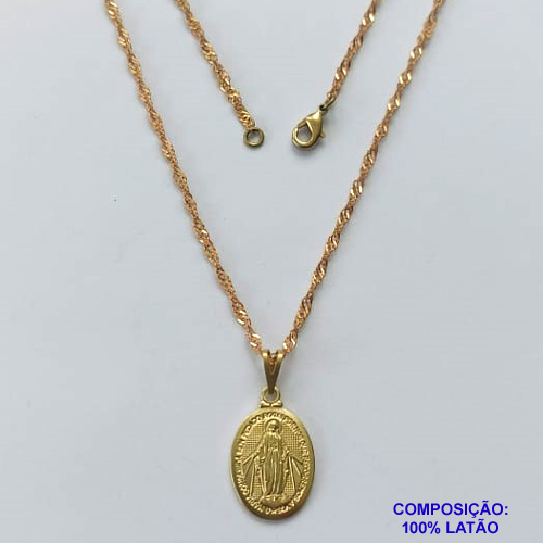 GARGANTILHA NO BRUTO PRONTA PARA O BANHO - GARGANTILHA COM CORRENTE SINGAPURA 45CM (318) E PINGENTE NOSSA SRA DAS GRAÇAS 17MM - PESO: 1,7GR - COMPOSIÇÃO: 100% LATÃO - BRU15065