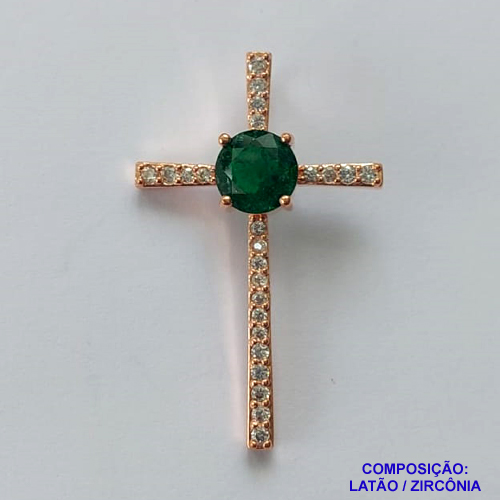 PINGENTE NO BRUTO PRONTO PARA O BANHO - (CX37) PINGENTE CRUCIFIXO CRAVEJADO EM MICROS ZIRCÔNIAS CRISTAIS E ZIRCÔNIA VERDE ESCURA -  COMPOSIÇÃO: LATÃO / ZIRCÔNIA - TAMANHO 23X37MM - PESO TOTAL 2,8GR - BRU15067