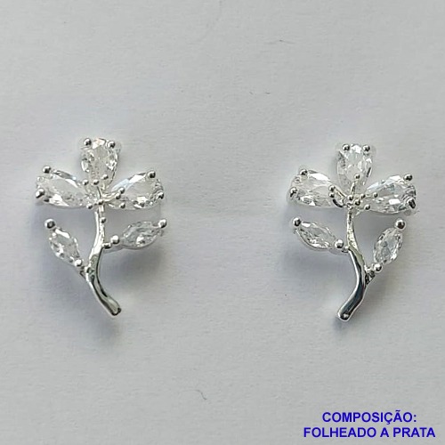 BRINCO FOLHEADA A PRATA COM 50 MILÉSIMOS + VERNIZ DIAMOND - BRINCO DE PINO FLOR COM ZIRCÔNIAS 10MM PRA489