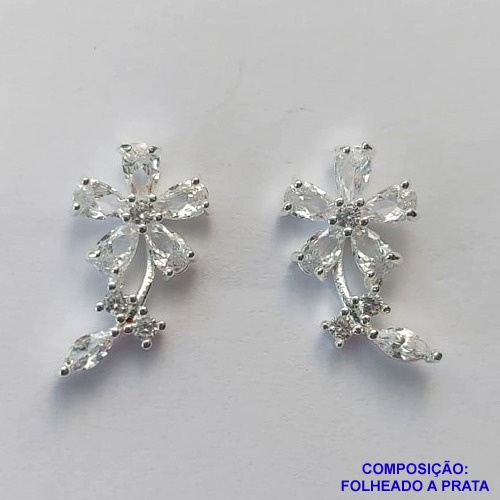 BRINCO FOLHEADA A PRATA COM 50 MILÉSIMOS + VERNIZ DIAMOND - BRINCO DE PINO FLOR COM ZIRCÔNIAS 11MM PRA490
