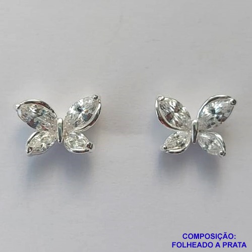 BRINCO FOLHEADA A PRATA COM 50 MILÉSIMOS + VERNIZ DIAMOND - BRINCO DE PINO BORBOLETA COM ZIRCÔNIAS 12MM PRA491