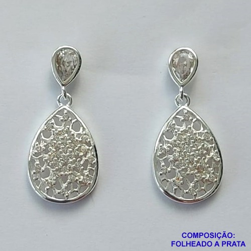 BRINCO FOLHEADA A PRATA COM 50 MILÉSIMOS + VERNIZ DIAMOND - BRINCO DE PINO BASE COM ZIRCÔNIA E GOTA VAZADA 12MM PRA492