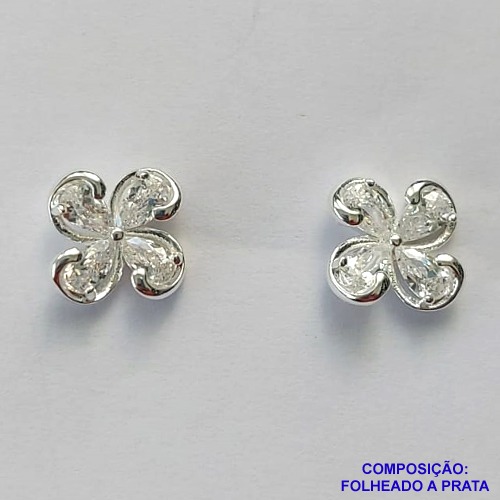 BRINCO FOLHEADA A PRATA COM 50 MILÉSIMOS + VERNIZ DIAMOND - BRINCO DE PINO FLOR COM ZIRCÔNIAS 10MM PRA493
