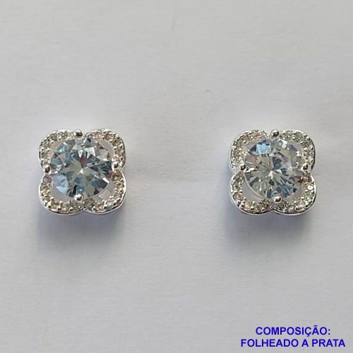BRINCO FOLHEADA A PRATA COM 50 MILÉSIMOS + VERNIZ DIAMOND - BRINCO DE PINO COM ZIRCÔNIAS 9MM PRA494