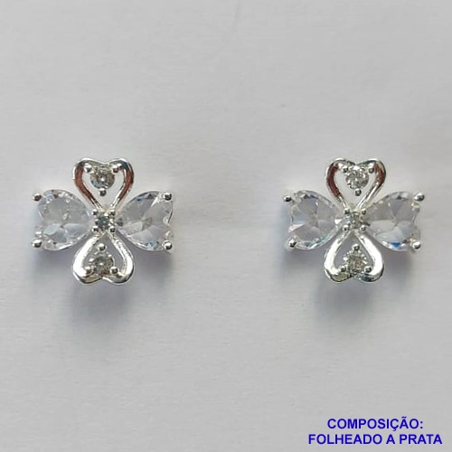 BRINCO FOLHEADA A PRATA COM 50 MILÉSIMOS + VERNIZ DIAMOND - BRINCO DE PINO TREVO COM ZIRCÔNIAS 11MM PRA495