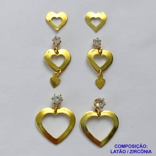 BRINCO NO BRUTO PRONTO PARA O BANHO - TRIO DE PINO TAMANHOS 1MM  8/10/15MM  CORAÇÃO COM ZIRCÔNIA PESO TOTAL 4,4GR - BRU15070