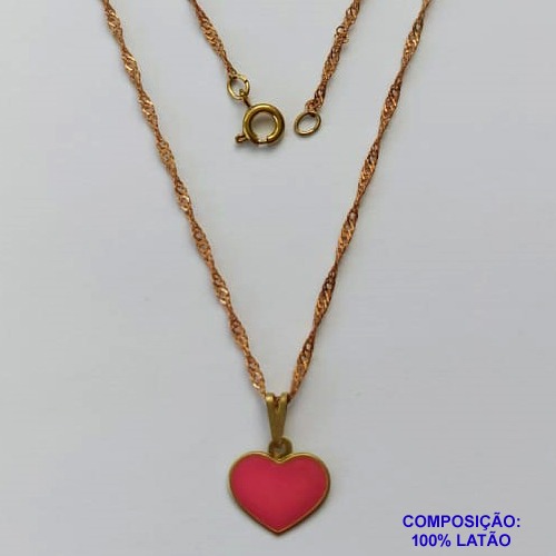 GARGANTILHA NO BRUTO PRONTO PARA O BANHO - GARGANTILHA COM CORRENTE SINGAPURA 45CM - PINGENTE CORAÇÃO ROSA 12MM - PESO TOTAL 2,1GR - BRU15081