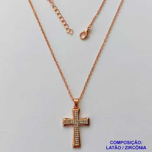 GARGANTILHA NO BRUTO PRONTO PARA O BANHO(CX127) - GARGANTILHA COM CORRENTE CADEADO 45CM - PINGENTE CRUCIFIXO COM MICRO ZIRCÔNIAS 3X13MM - PESO TOTAL 3,8GR - BRU15084