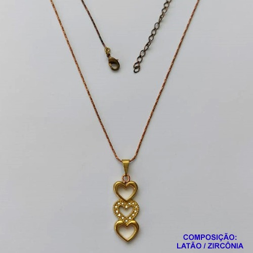 GARGANTILHA NO BRUTO PRONTO PARA O BANHO(CX127) - GARGANTILHA COM CORRENTE L -11 40CM - PINGENTE CORAÇÕES VAZADOS COM MICRO ZIRCÔNIAS 10X27MM - PESO TOTAL 5,0GR - BRU15085
