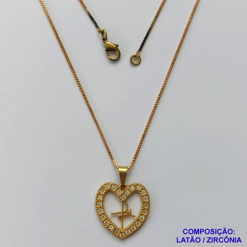 GARGANTILHA NO BRUTO PRONTO PARA O BANHO(CX127) - GARGANTILHA COM CORRENTE VENEZIANA 45CM - PINGENTE CORAÇÃO VAZADO COM MICRO ZIRCÔNIAS ESCRITO FÉ 18MM - PESO TOTAL 3,6GR - BRU15090