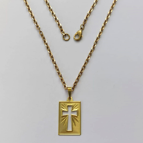 GARGANTILHA NO BRUTO PRONTA PARA O BANHO - (E3363)  (CX.143)  GARGANTILHA COM CORRENTE 60CM (MCT2) E PINGENTE PLACA COM CRUCIFIXO VAZADO 20X25MM - COMPOSIÇÃO: 100% LATÃO - PESO TOTAL 9,2GR - BRU15143