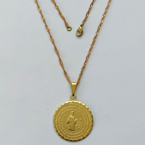 GARGANTILHA NO BRUTO PRONTA PARA BANHO - GARGANTILHA COM CORRENTE SINGAPURA 45CM (828) PINGENTE MEDALHA SÃO FRANCISCO COM ORAÇÃO 25MM - PESO 4,2GR - BRU15178