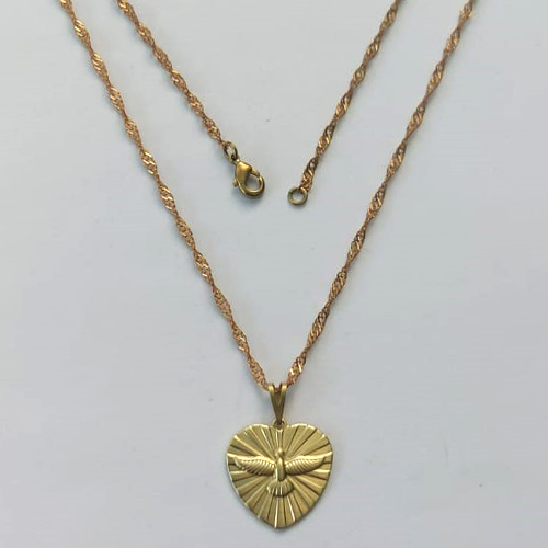 GARGANTILHA NO BRUTO PRONTA PARA BANHO - GARGANTILHA COM CORRENTE SINGAPURA 45CM (5538) PINGENTE CORAÇÃO ESPÍRITO SANTO 17MM - COMPOSIÇÃO: 100% LATÃO - PESO 3,4GR - BRU15197