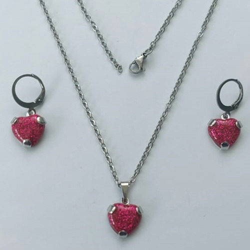 CONJUNTO EM AÇO INOXIDÁVEL - (AÇO03) - (CX.75)  CONJUNTO COM CORRENTE 50CM E BRINCOS ARGOLINHA DE PRESSÃO COM PINGENTES CORAÇÃO EM CRISTAL COM GLITTER ROSA 12MM - COMPOSIÇÃO: AÇO INOXIDÁVEL - AÇO2087