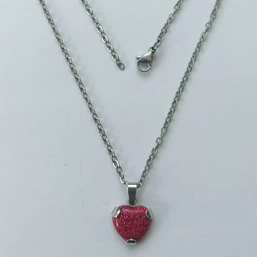 GARGANTILHA EM AÇO INOXIDÁVEL - (AÇO03) -(cx.75)  GARGANTILHA COM CORRENTE 50CM E PINGENTE CORAÇÃO EM CRISTAL COM GLITTER ROSA 12MM - COMPOSIÇÃO: AÇO INOXIDÁVEL - AÇO2088