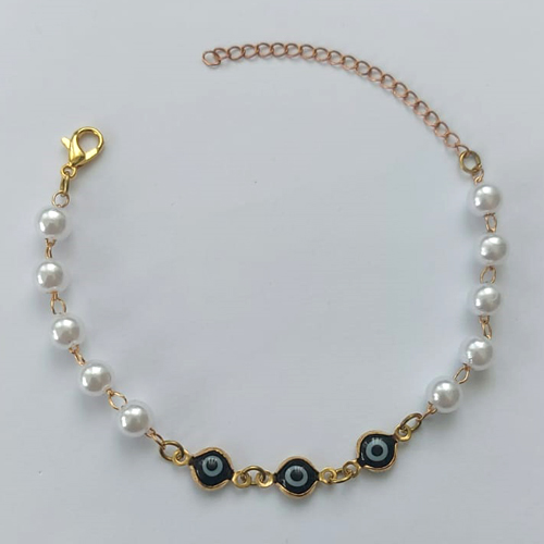 PULSEIRA NO BRUTO PRONTA PARA O BANHO - PULSEIRA COM PÉROLAS E OLHOS GREGOS - TAMANHO 18CM - PESO 2,4GR - FECHO LAGOSTA - BRU15220