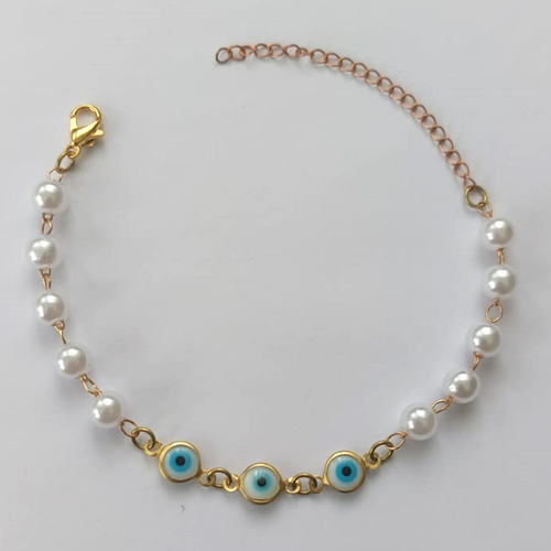 PULSEIRA NO BRUTO PRONTA PARA O BANHO - PULSEIRA COM PÉROLAS E OLHOS GREGOS - TAMANHO 18CM - PESO 2,4GR - FECHO LAGOSTA - BRU15221