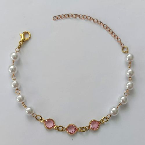 PULSEIRA NO BRUTO PRONTA PARA O BANHO - (CX.03) PULSEIRA COM PÉROLAS E CRISTAIS ROSAS - TAMANHO 18CM - PESO TOTAL 2,1GR- BRU15275