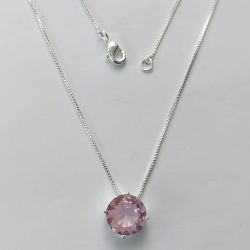 GARGANTILHA FOLHEADA A PRATA COM 50 MILÉSIMOS + VERNIZ DIAMOND - GARGANTILHA CORRENTE VENEZIANA 45CM COM PEDRA REDONDA ROSA 11MM -PRA536