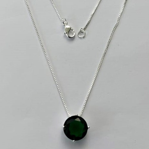 GARGANTILHA FOLHEADA A PRATA COM 50 MILÉSIMOS + VERNIZ DIAMOND - GARGANTILHA CORRENTE VENEZIANA 45CM COM PEDRA REDONDA VERDE 11MM -PRA537