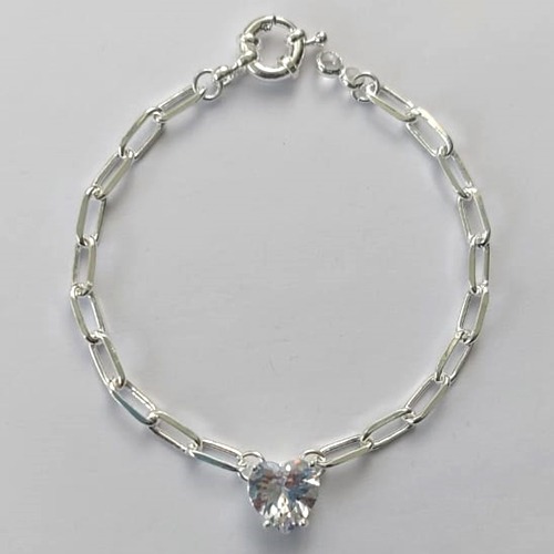 PULSEIRA FOLHEADO A PRATA COM 50 MILÉSIMOS + VERNIZ DIAMOND - PULSEIRA 17CM ZIRCÔNIA CRISTAL FORMATO CORAÇÃO 9MM COM FECHO BÓIA- PRA542