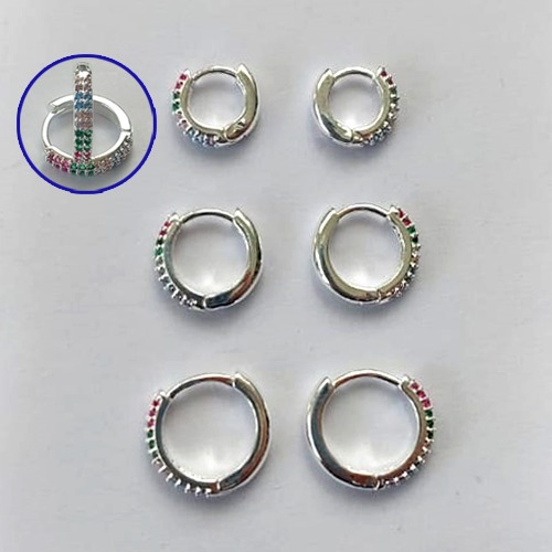 TRIO DE BRINCO FOLHEADA A PRATA COM 50 MILÉSIMOS + VERNIZ DIAMOND - TRIO DE BRINCOS DE ARGOLAS COM MICRO ZIRCÔNIAS COLORIDAS 13/10/8MM -PRA550