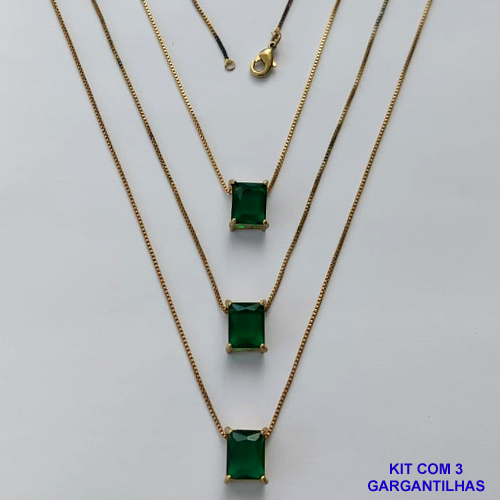GARGANTILHA NO BRUTO PRONTA PARA O BANHO - KIT COM 3 GARGANTILHAS COM CORRENTES VENEZIANA 45CM E PINGENTE EM ZIRCÔNIA VERDE RETANGULAR 8X10CM - PESO TOTAL 10,5GR - BRU15487