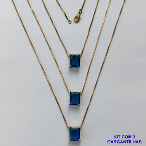 GARGANTILHA NO BRUTO PRONTA PARA O BANHO - KIT COM 3 GARGANTILHAS COM CORRENTES VENEZIANA 45CM E PINGENTE EM ZIRCÔNIA AZUL RETANGULAR 8X10CM - PESO TOTAL 10,5GR - BRU15489