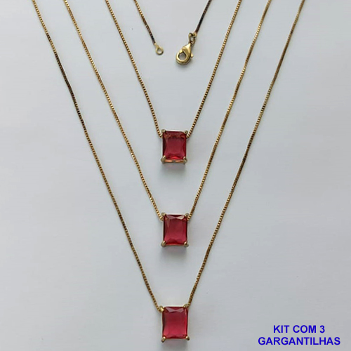 GARGANTILHA NO BRUTO PRONTA PARA O BANHO - KIT COM 3 GARGANTILHAS COM CORRENTES VENEZIANA 45CM E PINGENTE EM ZIRCÔNIA VERMELHA RETANGULAR 8X10CM - PESO TOTAL 10,5GR - BRU15490