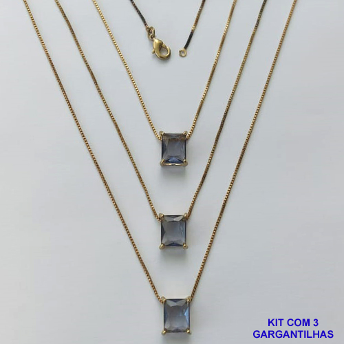GARGANTILHA NO BRUTO PRONTA PARA O BANHO - KIT COM 3 GARGANTILHAS COM CORRENTES VENEZIANA 45CM E PINGENTE EM ZIRCÔNIA LILÁS RETANGULAR 8X10CM - PESO TOTAL 10,5GR - BRU15491