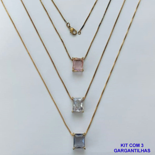 GARGANTILHA NO BRUTO PRONTA PARA O BANHO - KIT COM 3 GARGANTILHAS COM CORRENTES VENEZIANA 45CM E PINGENTE EM ZIRCÔNIA RETANGULAR 8X10CM - PESO TOTAL 10,5GR - BRU15492