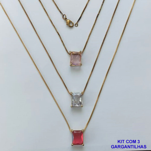 GARGANTILHA NO BRUTO PRONTA PARA O BANHO - KIT COM 3 GARGANTILHAS COM CORRENTES VENEZIANA 45CM E PINGENTE EM ZIRCÔNIA RETANGULAR 8X10CM - PESO TOTAL 10,5GR - BRU15493