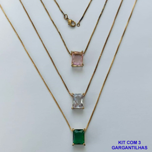 GARGANTILHA NO BRUTO PRONTA PARA O BANHO - KIT COM 3 GARGANTILHAS COM CORRENTES VENEZIANA 45CM E PINGENTE EM ZIRCÔNIA RETANGULAR 8X10CM - PESO TOTAL 10,5GR - BRU15494