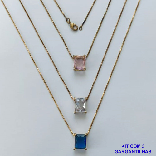 GARGANTILHA NO BRUTO PRONTA PARA O BANHO - KIT COM 3 GARGANTILHAS COM CORRENTES VENEZIANA 45CM E PINGENTE EM ZIRCÔNIA RETANGULAR 8X10CM - PESO TOTAL 10,5GR - BRU15495