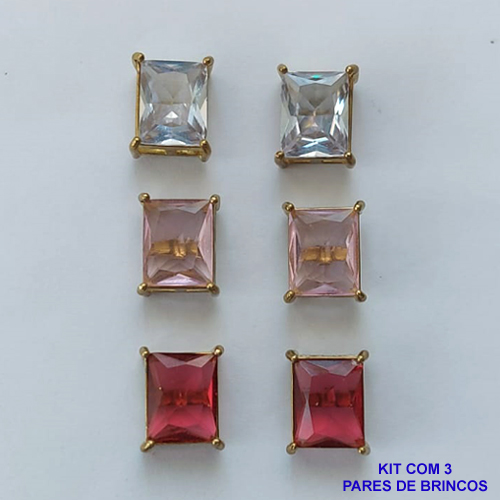 BRINCO NO BRUTO PRONTO PARA O BANHO - KIT COM 3 BRINCOS DE PINO COM ZIRCÔNIA RETANGULAR 8X10MM - PESO TOTAL 8,9GR - BRU15496