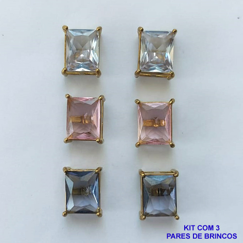 BRINCO NO BRUTO PRONTO PARA O BANHO - KIT COM 3 BRINCOS DE PINO COM ZIRCÔNIA RETANGULAR 8X10MM - PESO TOTAL 8,9GR - BRU15497