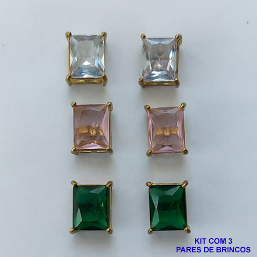 BRINCO NO BRUTO PRONTO PARA O BANHO - KIT COM 3 BRINCOS DE PINO COM ZIRCÔNIA RETANGULAR 8X10MM - PESO TOTAL 8,9GR - BRU15498