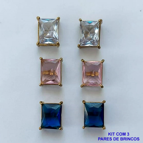 BRINCO NO BRUTO PRONTO PARA O BANHO - KIT COM 3 BRINCOS DE PINO COM ZIRCÔNIA RETANGULAR 8X10MM - PESO TOTAL 8,9GR - BRU15499