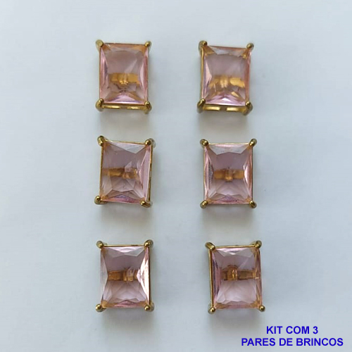 BRINCO NO BRUTO PRONTO PARA O BANHO - KIT COM 3 BRINCOS DE PINO COM ZIRCÔNIA RETANGULAR 8X10MM - PESO TOTAL 8,9GR - BRU15500