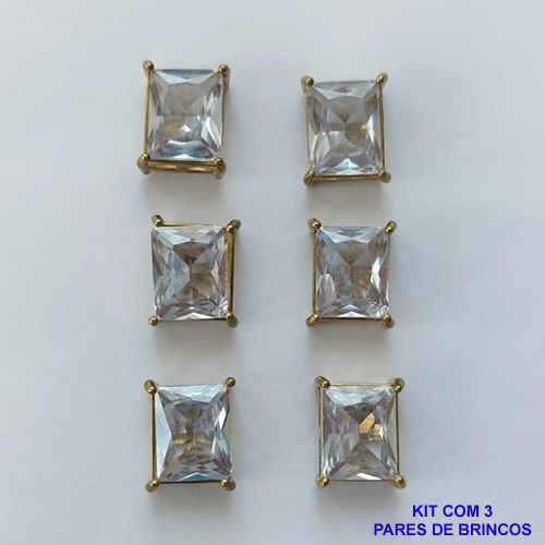 BRINCO NO BRUTO PRONTO PARA O BANHO - KIT COM 3 BRINCOS DE PINO COM ZIRCÔNIA RETANGULAR 8X10MM - PESO TOTAL 8,9GR - BRU15501