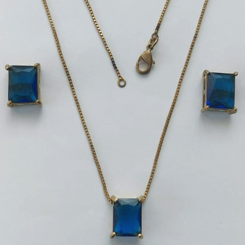 CONJUNTO NO BRUTO PRONTO PARA O BANHO - GARGANTILHA COM CORRENTE VENEZIANA 45CM E PINGENTE EM ZIRCÔNIA AZUL RETANGULAR 8X10CM - PESO TOTAL 5GR - BRU15515