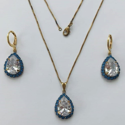 CONJUNTO NO BRUTO PRONTO PARA O BANHO(CX88)- CORRENTE VENEZIANA 45CM + EXTENSOR E FECHO LAGOSTA - BRINCOS ARGOLINHA DE PRESSÃO E PINGENTES COM BASES CRAVEJADAS EM CRISTAIS AZUIS E ZIRCÔNIA CRISTAL 10X14MM - PESO TOTAL 11,2GR - BRU15573