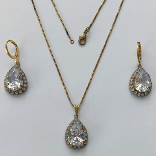 CONJUNTO NO BRUTO PRONTO PARA O BANHO(CX88)- CORRENTE VENEZIANA 45CM + EXTENSOR E FECHO LAGOSTA - BRINCOS ARGOLINHA DE PRESSÃO E PINGENTES COM BASES CRAVEJADAS EM CRISTAIS  E ZIRCÔNIA CRISTAL 10X14MM - PESO TOTAL 11,2GR - BRU15574